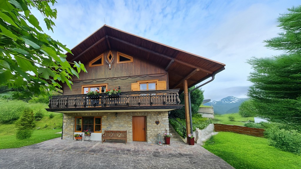 Alpenchalet mit Panorama und grüner Wiese