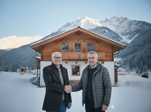 Beratungspartner vor Chalet in winterlicher Umgebung
