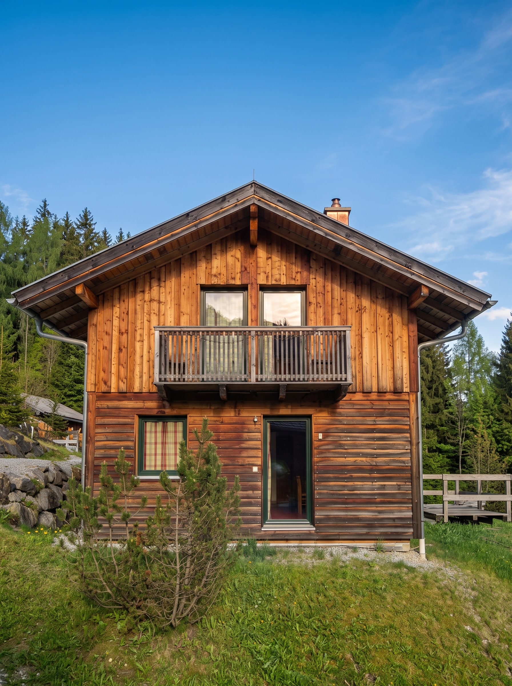 Rückansicht des Holz-Chalets mit Balkon