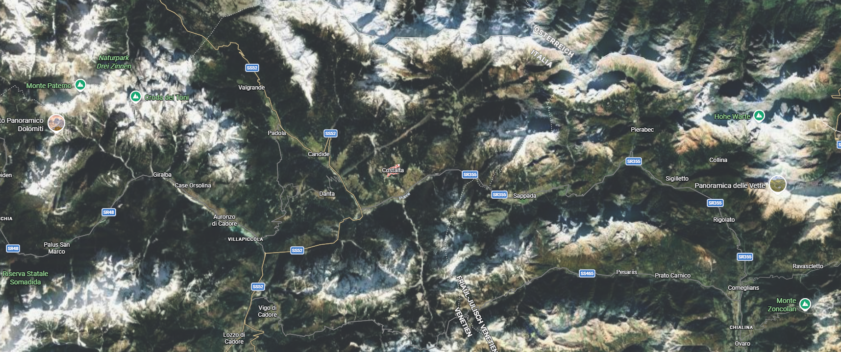 Satellite location map of Costalta in the Belluno Dolomites near Padola and Sappada