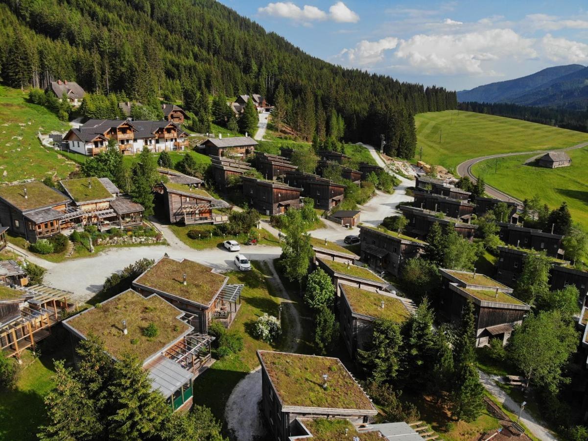 Luftaufnahme der Feriensiedlung Hohentauern mit begr&uuml;nten Chalets und Bergpanorama