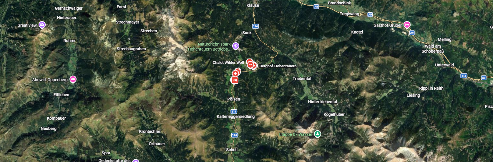 Satellitenkarte von Hohentauern und der umliegenden Bergwelt