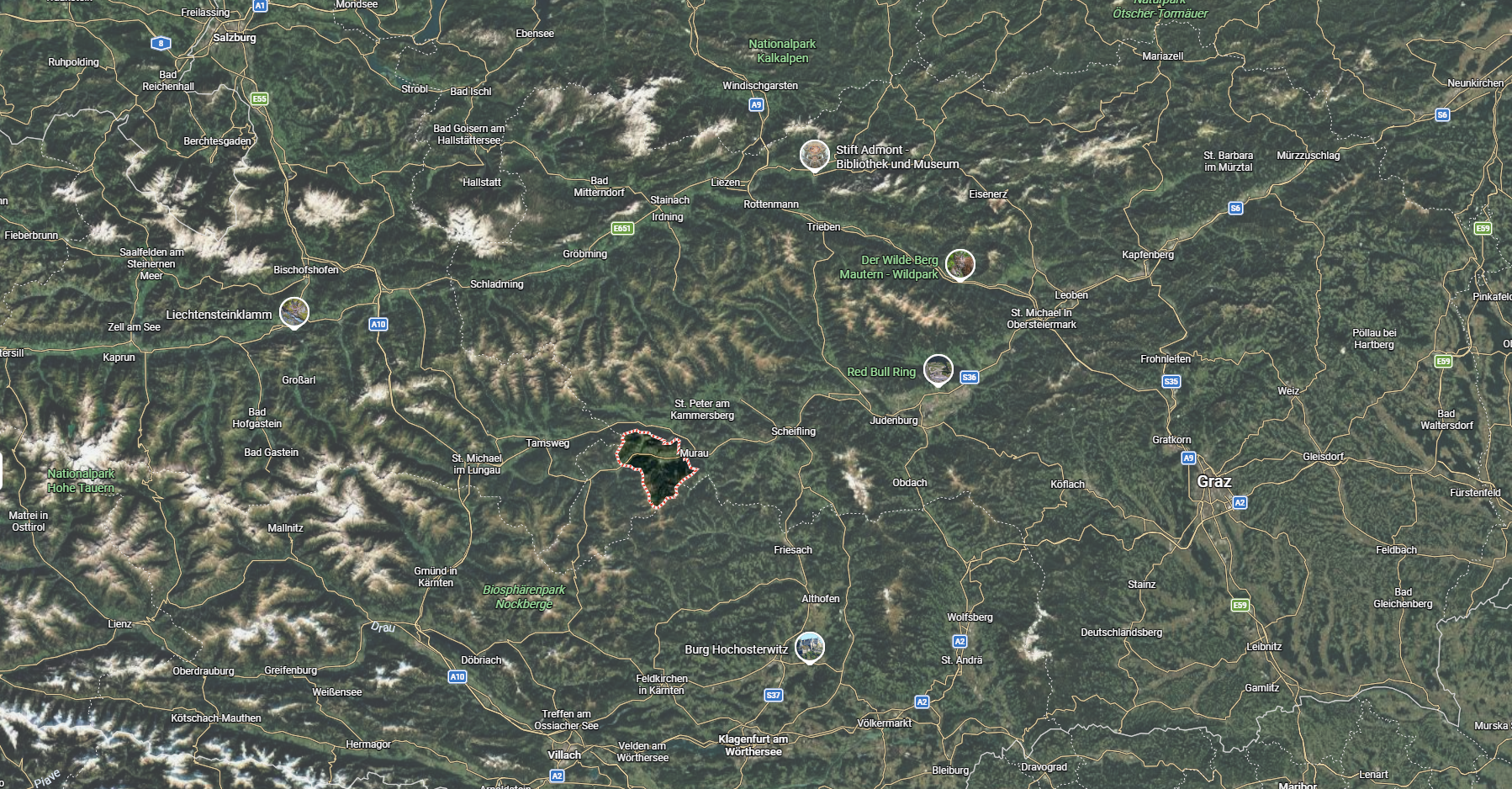 Satelliten-Lagekarte der Region Murau und Kreischberg in der Steiermark