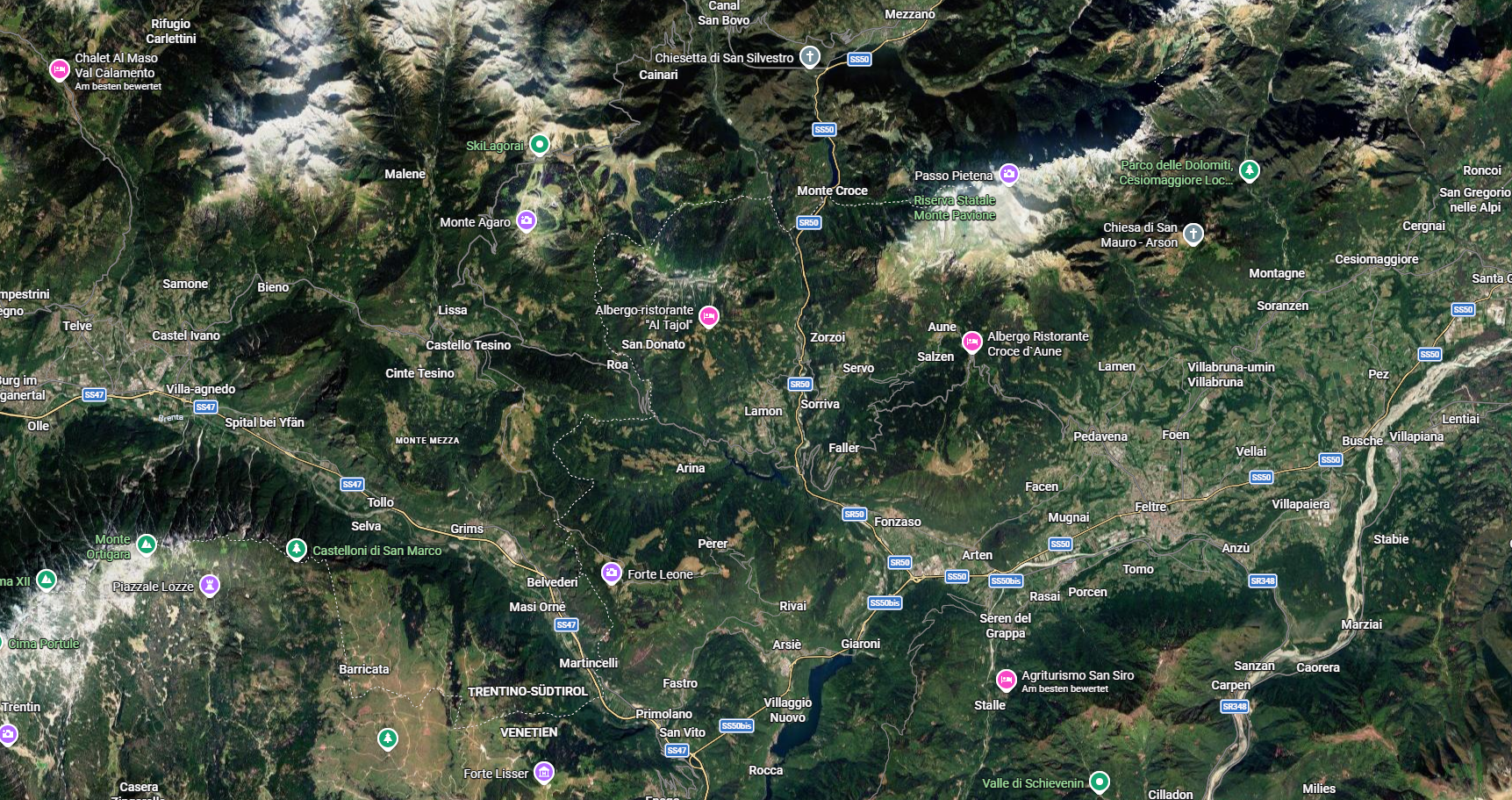 Satelliten-Lagekarte von Lamon in den Dolomiten