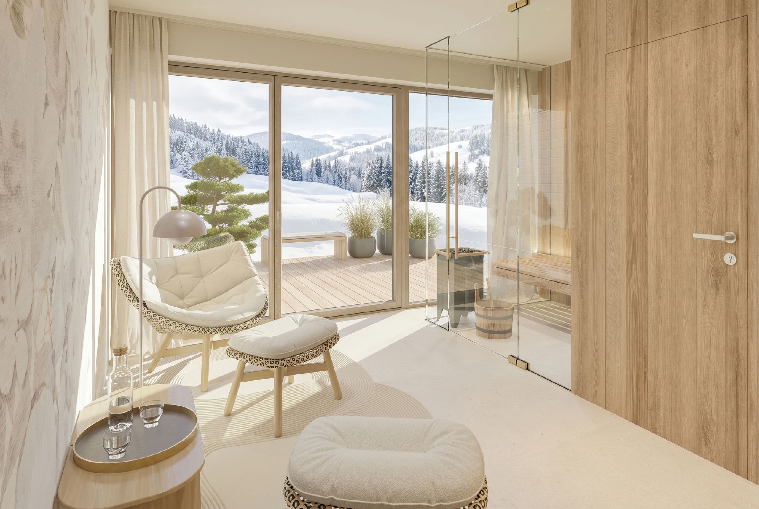 Privater Wellnessbereich mit Sauna und Winterpanorama