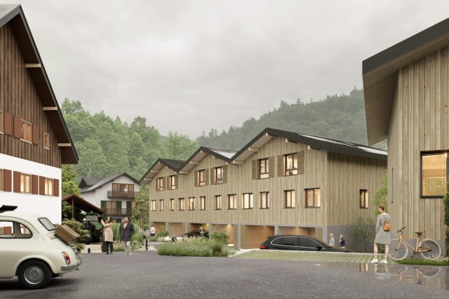 Geplante Chalet-Gebäude von der straßenseitigen Erschließung aus gesehen