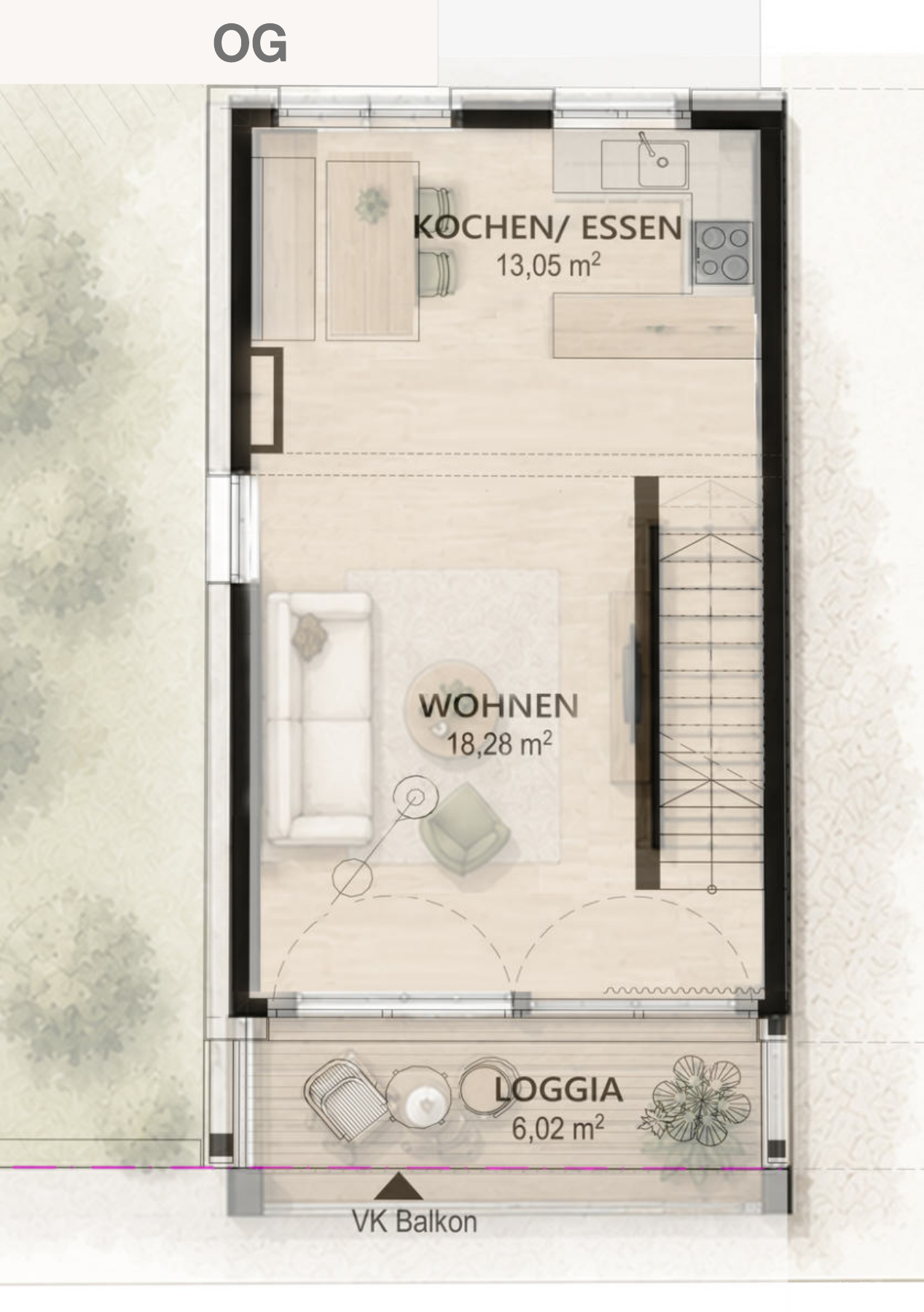 Grundrisskonzept der Wohnebene mit Küche, Essen, Wohnen und Loggia