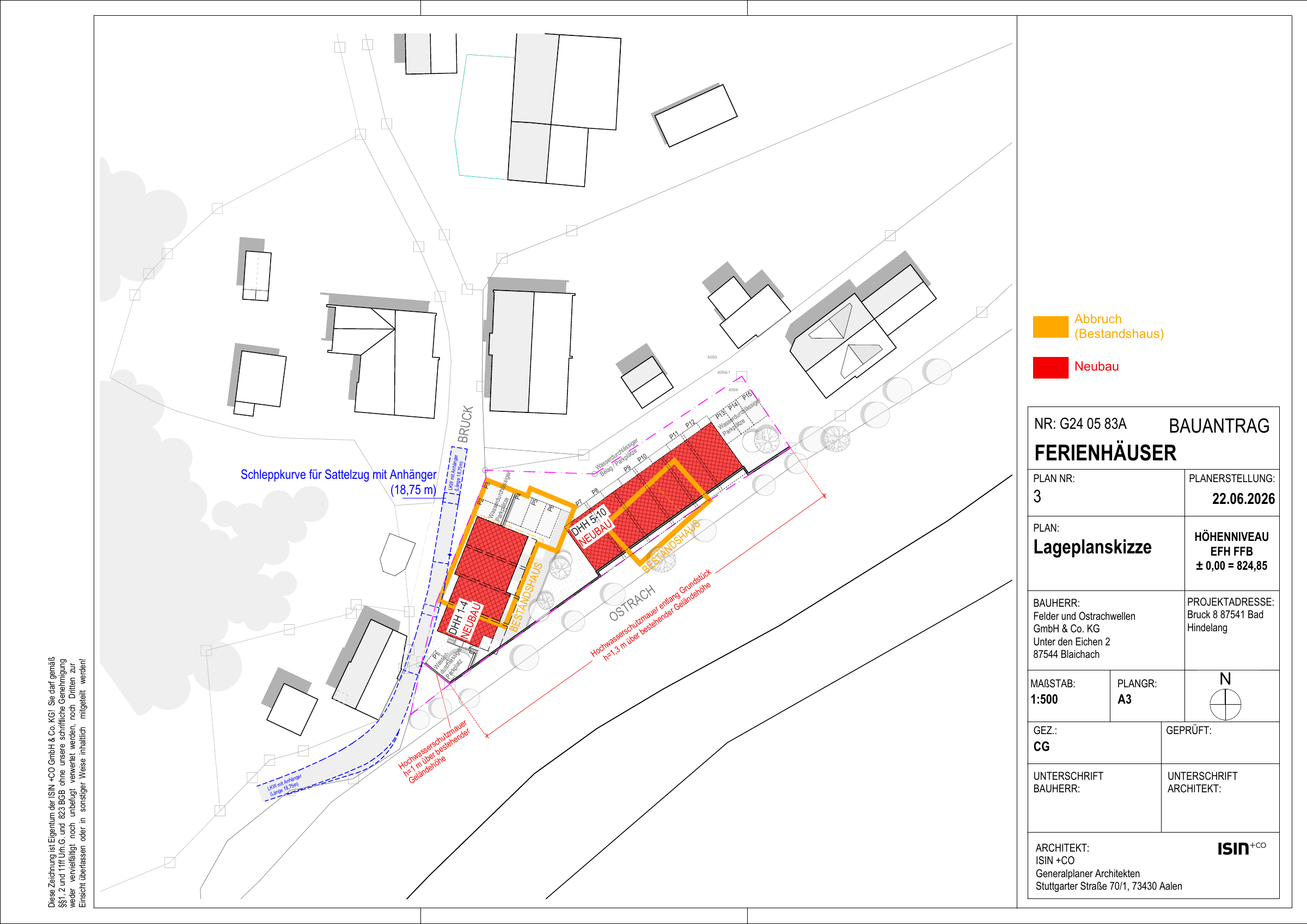Lageplan des Ensembles mit Ostrach, Straße, zwei Gebäudezeilen und Stellplätzen