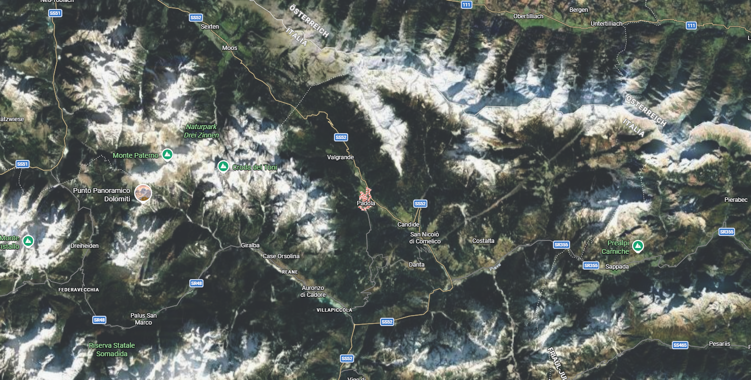 Satellite location map of Padola in the Dolomites near Sesto and Auronzo di Cadore