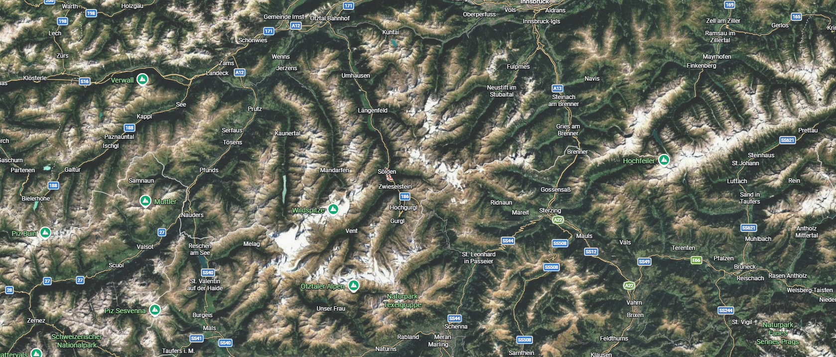 Satellite location map of Soelden in the Oetztal valley and the surrounding alpine regions