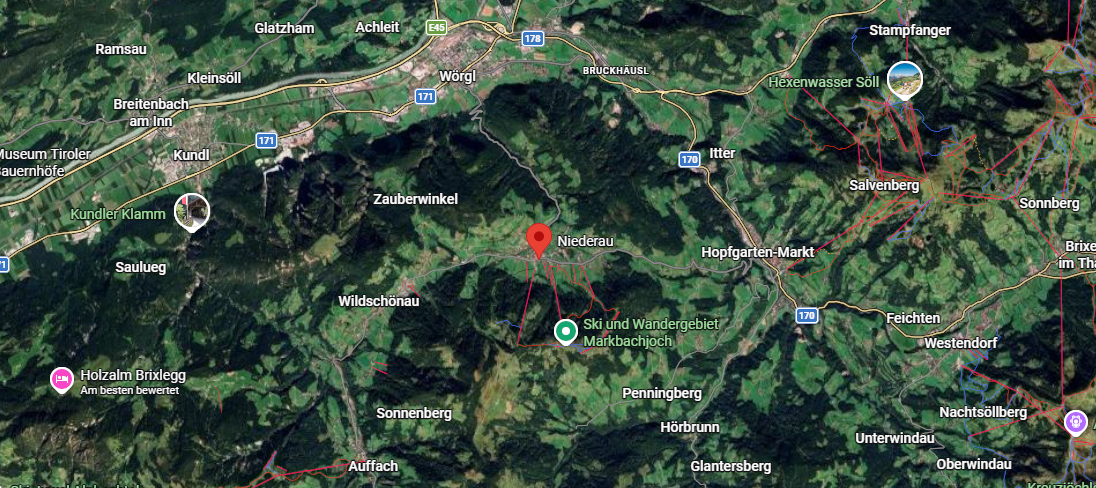 Satellite location map of Niederau and Wildschoenau in Tyrol